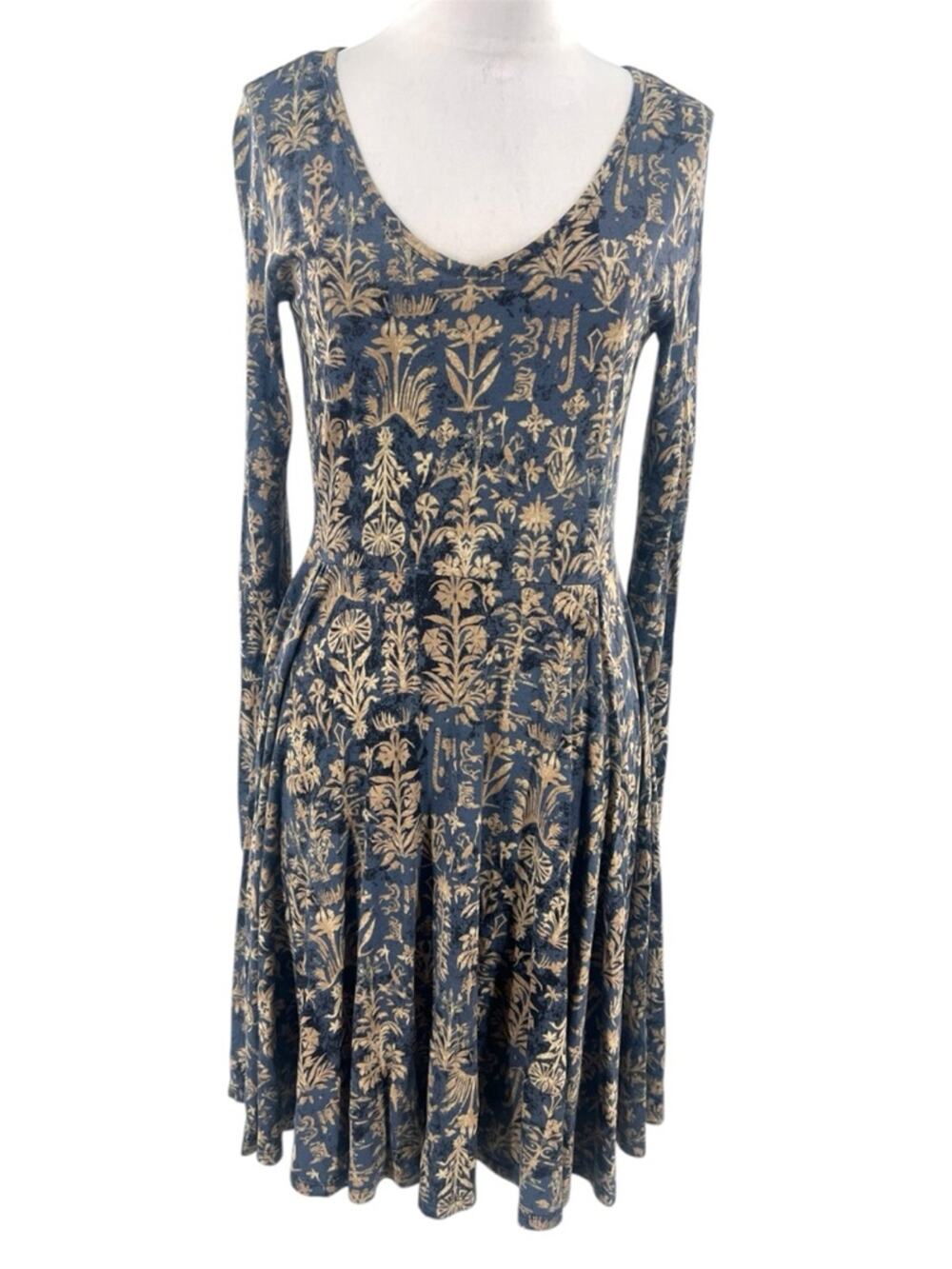 Peruvian Connection Pima cotton modal floral dress blue tan sz S